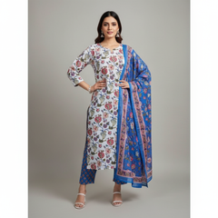 Mayawye Women's Cotton Blend Printed Kurti With Pant Dupatta Set (Multicolor)