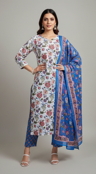 Mayawye Women's Cotton Blend Printed Kurti With Pant Dupatta Set (Multicolor)
