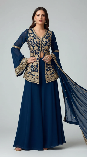 Mayawye Women's Georgette Embroidery 3-4th Sleeve V-Neck Kurti, Palazzo And Dupatta Set (Morpich)