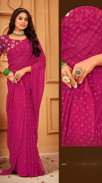 Mayawye Women's Printed Brasso Saree With Unstitched Blouse (Pink, 5-6 Mtrs)
