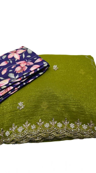 Mayawye Women's Stone Work Soft Silk Saree With Unstitched Blouse (Green, 5-6 Mtrs)