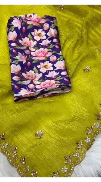 Mayawye Women's Stone Work Soft Silk Saree With Unstitched Blouse (Green, 5-6 Mtrs)