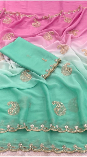 Mayawye Women's Digital Printed  Geogette Saree With Unstitched Blouse (Light Green, 5-6 Mtrs)