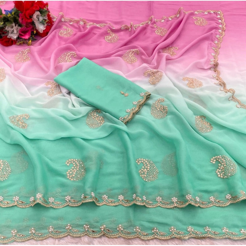 Mayawye Women's Digital Printed  Geogette Saree With Unstitched Blouse (Light Green, 5-6 Mtrs)