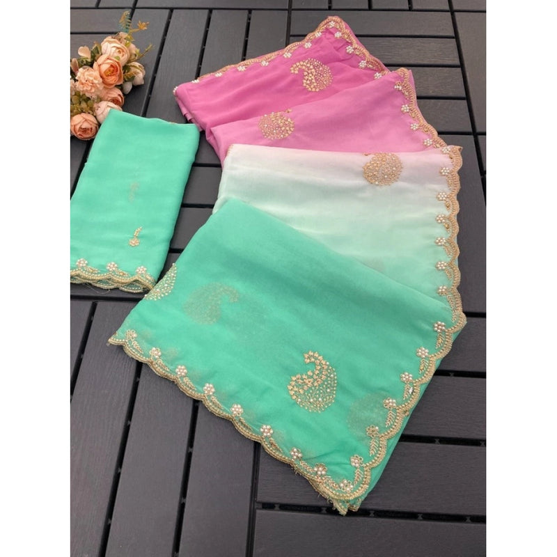 Mayawye Women's Digital Printed  Geogette Saree With Unstitched Blouse (Light Green, 5-6 Mtrs)