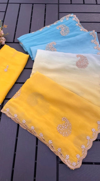 Mayawye Women's Digital Printed  Geogette Saree With Unstitched Blouse (Yellow, 5-6 Mtrs)