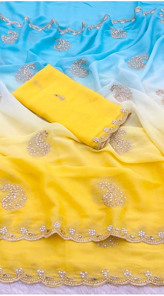 Mayawye Women's Digital Printed  Geogette Saree With Unstitched Blouse (Yellow, 5-6 Mtrs)