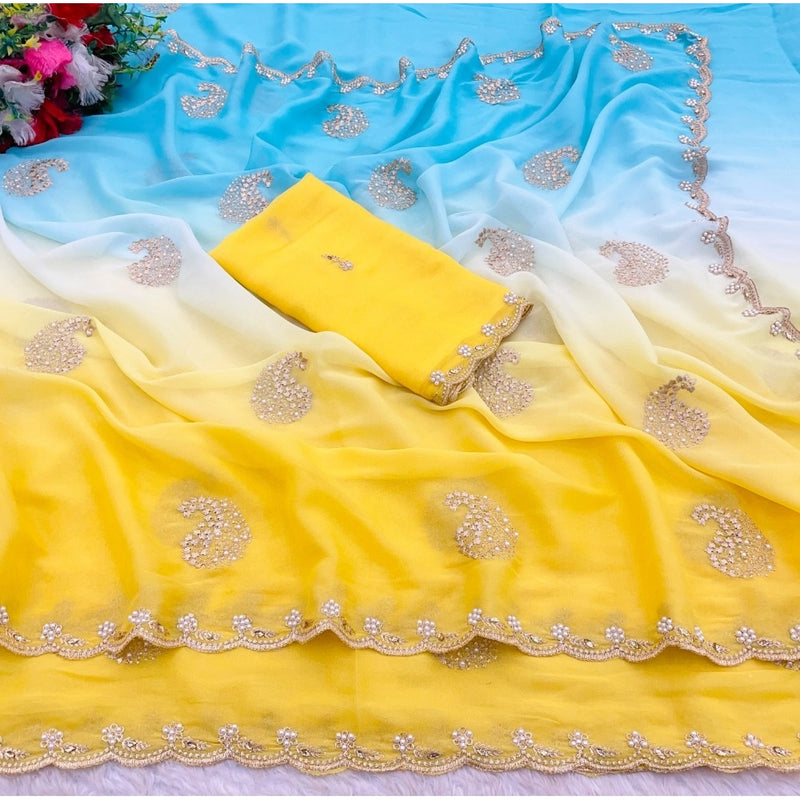 Mayawye Women's Digital Printed  Geogette Saree With Unstitched Blouse (Yellow, 5-6 Mtrs)