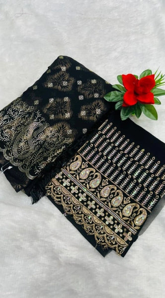 Mayawye Women's Embroidered Georgette Saree With Unstitched Blouse (Black, 5-6 Mtrs)