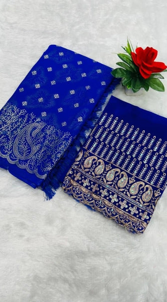 Mayawye Women's Embroidered Georgette Saree With Unstitched Blouse (Blue, 5-6 Mtrs)