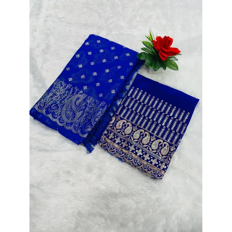 Mayawye Women's Embroidered Georgette Saree With Unstitched Blouse (Blue, 5-6 Mtrs)
