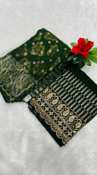 Mayawye Women's Embroidered Georgette Saree With Unstitched Blouse (Dark Green, 5-6 Mtrs)