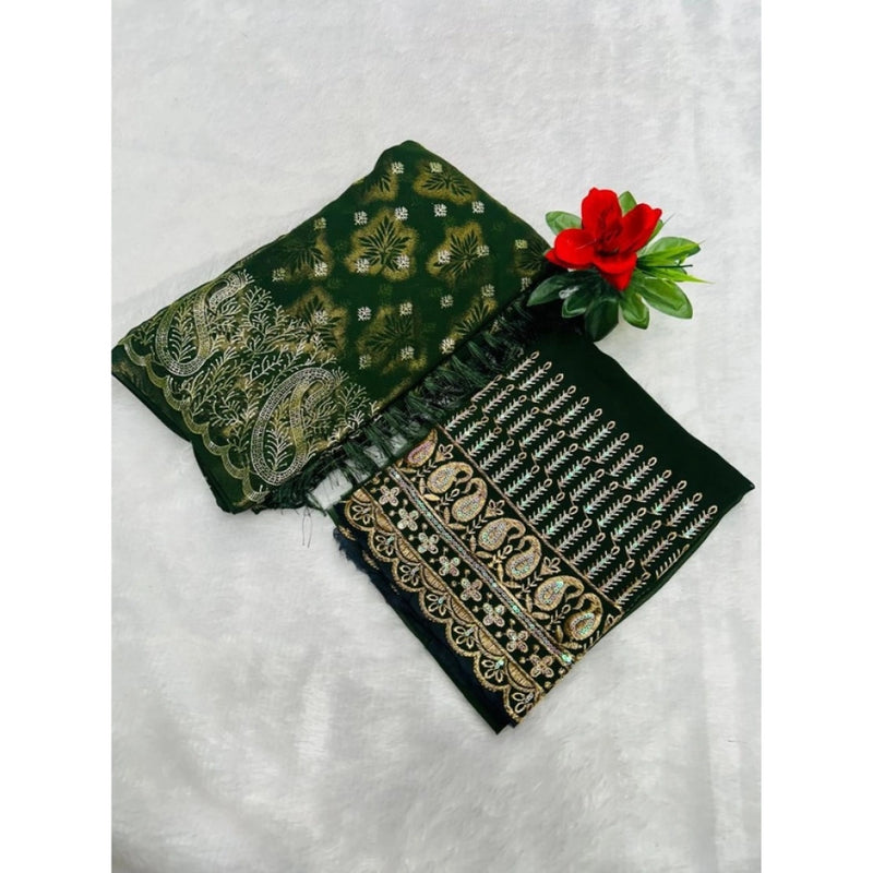 Mayawye Women's Embroidered Georgette Saree With Unstitched Blouse (Dark Green, 5-6 Mtrs)