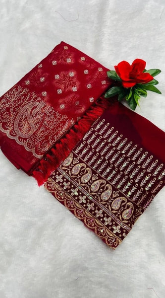 Mayawye Women's Embroidered Georgette Saree With Unstitched Blouse (Red, 5-6 Mtrs)