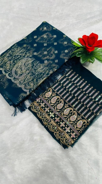 Mayawye Women's Embroidered Georgette Saree With Unstitched Blouse (Dark Blue, 5-6 Mtrs)