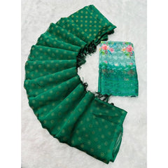 Mayawye Women's Printed Brasso Saree With Unstitched Blouse (Green, 5-6 Mtrs)