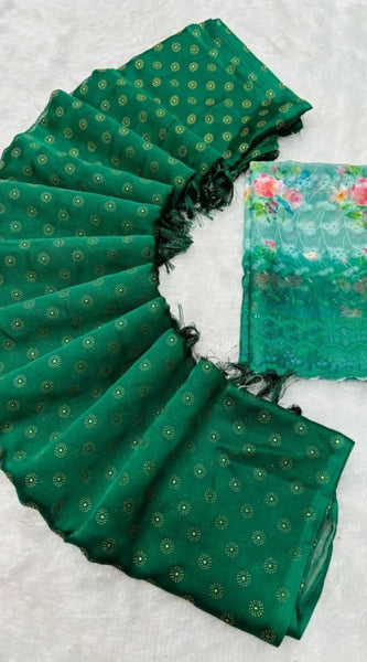 Mayawye Women's Printed Brasso Saree With Unstitched Blouse (Green, 5-6 Mtrs)
