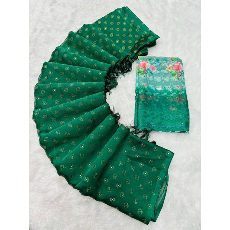 Mayawye Women's Printed Brasso Saree With Unstitched Blouse (Green, 5-6 Mtrs)