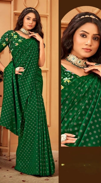 Mayawye Women's Printed Brasso Saree With Unstitched Blouse (Green, 5-6 Mtrs)