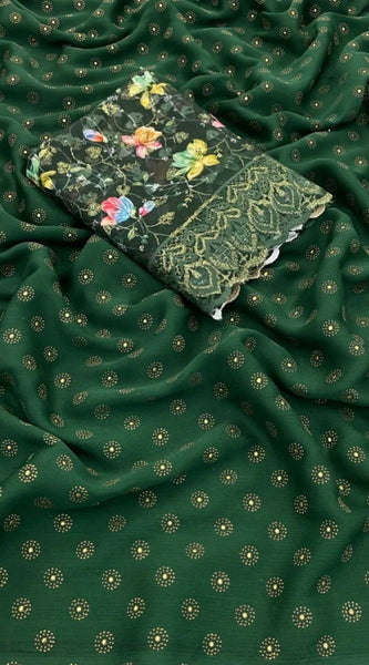 Mayawye Women's Printed Brasso Saree With Unstitched Blouse (Green, 5-6 Mtrs)