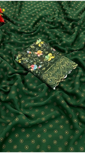 Mayawye Women's Printed Brasso Saree With Unstitched Blouse (Green, 5-6 Mtrs)