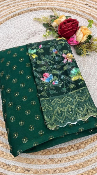Mayawye Women's Printed Brasso Saree With Unstitched Blouse (Green, 5-6 Mtrs)