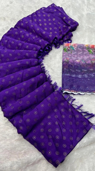 Mayawye Women's Printed Brasso Saree With Unstitched Blouse (Purple, 5-6 Mtrs)