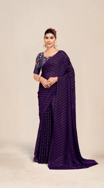 Mayawye Women's Printed Brasso Saree With Unstitched Blouse (Purple, 5-6 Mtrs)