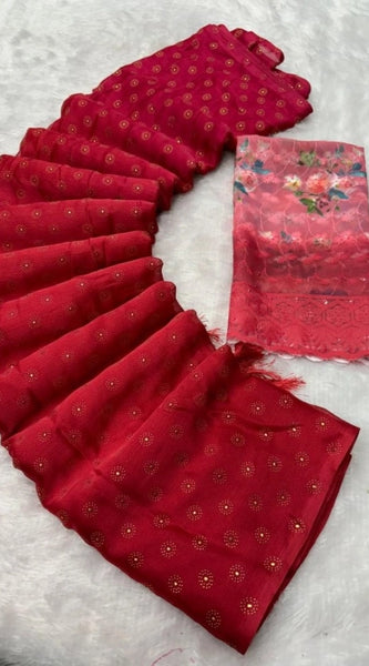 Mayawye Women's Printed Brasso Saree With Unstitched Blouse (Red, 5-6 Mtrs)