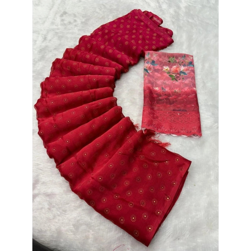 Mayawye Women's Printed Brasso Saree With Unstitched Blouse (Red, 5-6 Mtrs)