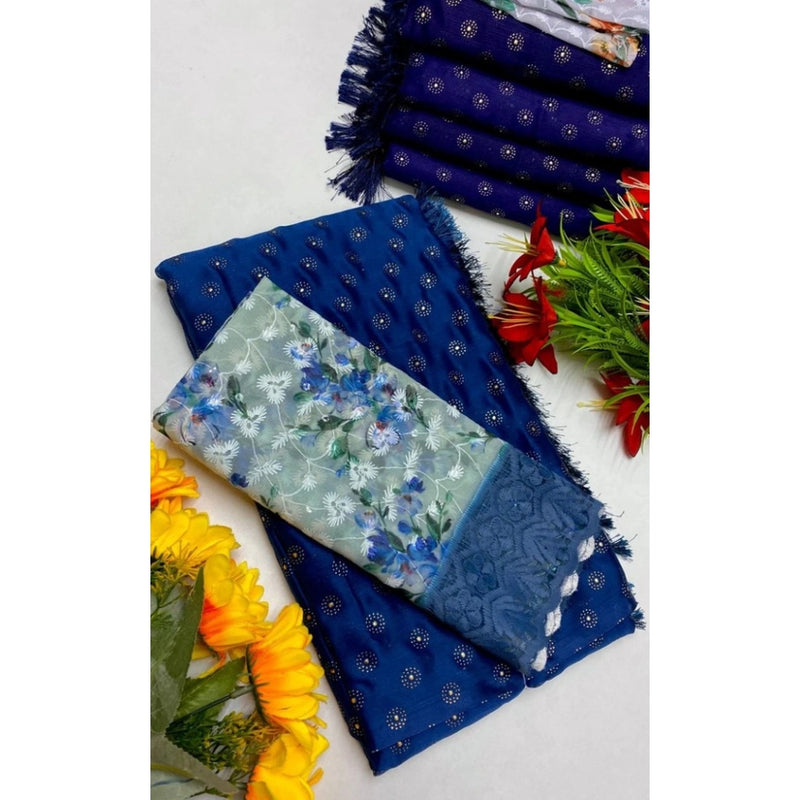Mayawye Women's Printed Brasso Saree With Unstitched Blouse (Skblue, 5-6 Mtrs)