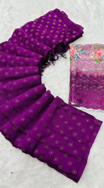 Mayawye Women's Printed Brasso Saree With Unstitched Blouse (Magenta, 5-6 Mtrs)