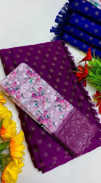 Mayawye Women's Printed Brasso Saree With Unstitched Blouse (Magenta, 5-6 Mtrs)