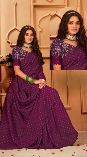 Mayawye Women's Printed Brasso Saree With Unstitched Blouse (Magenta, 5-6 Mtrs)