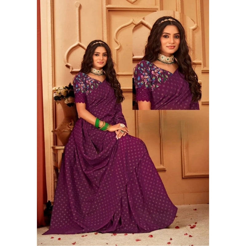 Mayawye Women's Printed Brasso Saree With Unstitched Blouse (Magenta, 5-6 Mtrs)
