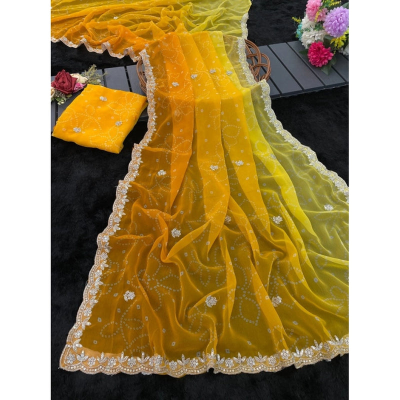 Mayawye Women's Digital Printed  Georgette Saree With Unstitched Blouse (Yellow, 5-6 Mtrs)