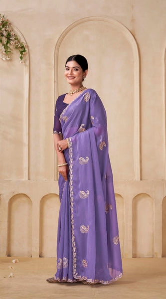 Mayawye Women's Digital Printed  Georgette Saree With Unstitched Blouse (Lavendar, 5-6 Mtrs)