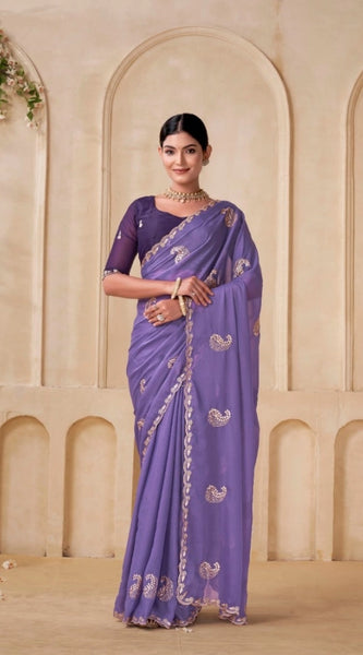 Mayawye Women's Digital Printed  Georgette Saree With Unstitched Blouse (Lavendar, 5-6 Mtrs)