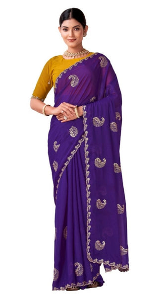 Mayawye Women's Digital Printed  Georgette Saree With Unstitched Blouse (Purple, 5-6 Mtrs)