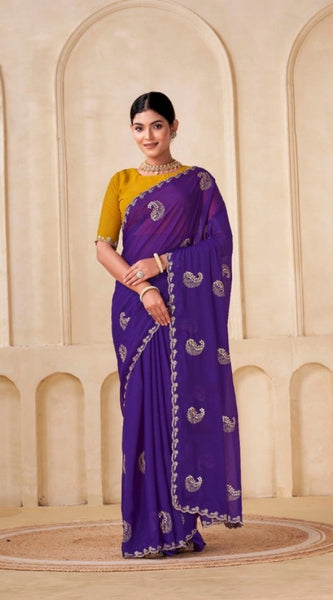 Mayawye Women's Digital Printed  Georgette Saree With Unstitched Blouse (Purple, 5-6 Mtrs)