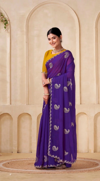 Mayawye Women's Digital Printed  Georgette Saree With Unstitched Blouse (Purple, 5-6 Mtrs)