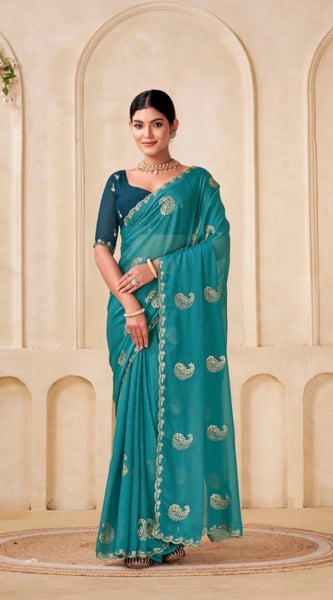 Mayawye Women's Digital Printed  Georgette Saree With Unstitched Blouse (Sky, 5-6 Mtrs)