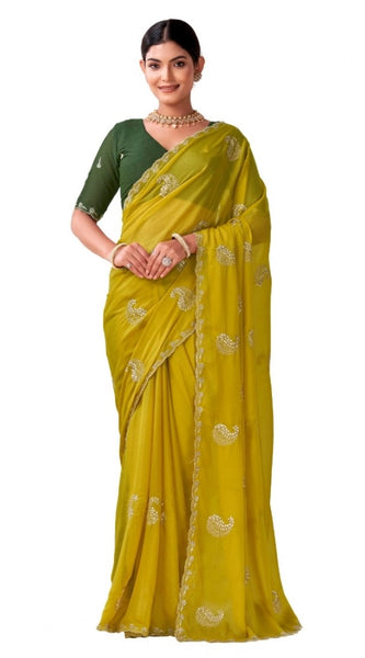Mayawye Women's Digital Printed  Georgette Saree With Unstitched Blouse (Yellow, 5-6 Mtrs)