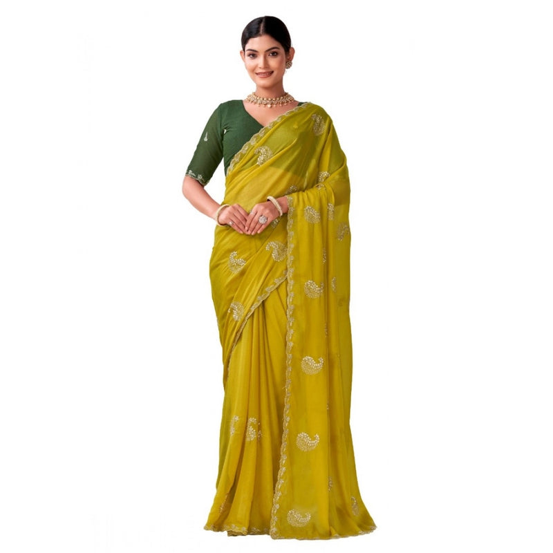 Mayawye Women's Digital Printed  Georgette Saree With Unstitched Blouse (Yellow, 5-6 Mtrs)