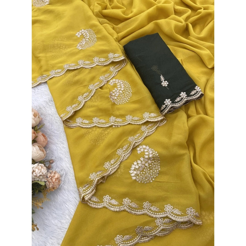 Mayawye Women's Digital Printed  Georgette Saree With Unstitched Blouse (Yellow, 5-6 Mtrs)