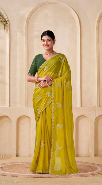 Mayawye Women's Digital Printed  Georgette Saree With Unstitched Blouse (Yellow, 5-6 Mtrs)
