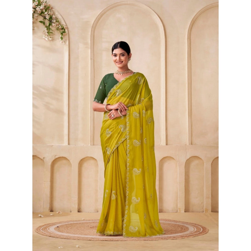 Mayawye Women's Digital Printed  Georgette Saree With Unstitched Blouse (Yellow, 5-6 Mtrs)