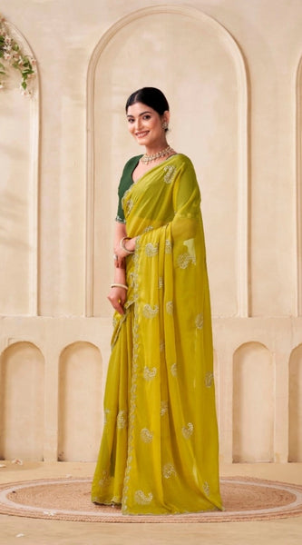 Mayawye Women's Digital Printed  Georgette Saree With Unstitched Blouse (Yellow, 5-6 Mtrs)