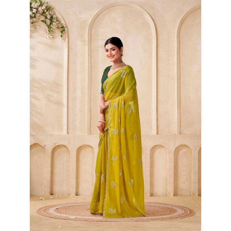 Mayawye Women's Digital Printed  Georgette Saree With Unstitched Blouse (Yellow, 5-6 Mtrs)