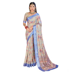 Mayawye Women's Printed Cotton Linen Saree withPrinted  Saree With Unstitched Blouse (Beige, 5-6Mtrs)